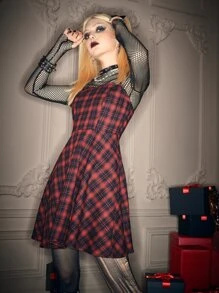 ROMWE Goth Plaid Print Cami Dress Without Mesh Top - Red - View 5