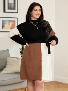 Calvaya Vestido de punto de color combinado de hombros caídos con lazo lateral - Multicolor - Ver 3