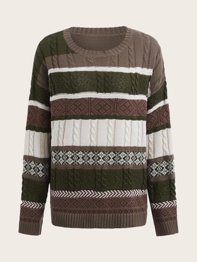 Jersey de color combinado con patrón geométrico tejido de cable