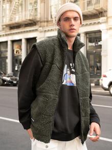 Manfinity Hombres Cazadora chaleco con diseño de parche teddy - Verde militar - Ver 2