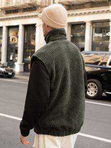 Manfinity Hombres Cazadora chaleco con diseño de parche teddy - Verde militar - Ver 3