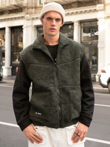 Manfinity Hombres Cazadora chaleco con diseño de parche teddy - Verde militar - Ver 4