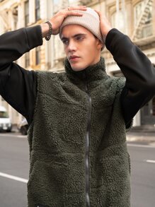 Manfinity Hombres Cazadora chaleco con diseño de parche teddy - Verde militar - Ver 6