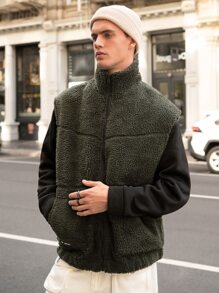 Manfinity Hombres Cazadora chaleco con diseño de parche teddy - Verde militar - Ver 1