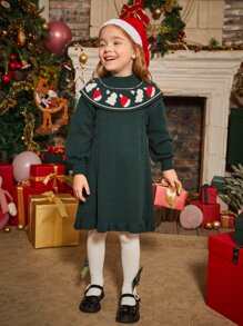 Toddler Girls Christmas Pattern Mock Neck Ruffle Trim Jumper Dress - Dark Green - View 1