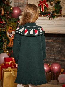 Toddler Girls Christmas Pattern Mock Neck Ruffle Trim Jumper Dress - Dark Green - View 2