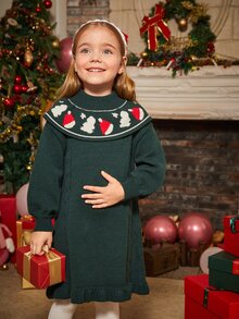 Toddler Girls Christmas Pattern Mock Neck Ruffle Trim Jumper Dress - Dark Green - View 4