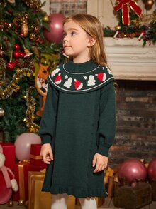 Toddler Girls Christmas Pattern Mock Neck Ruffle Trim Jumper Dress - Dark Green - View 5
