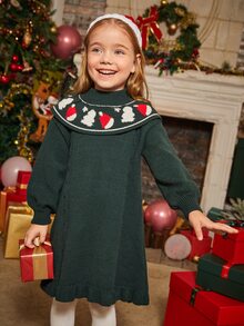 Toddler Girls Christmas Pattern Mock Neck Ruffle Trim Jumper Dress - Dark Green - View 6