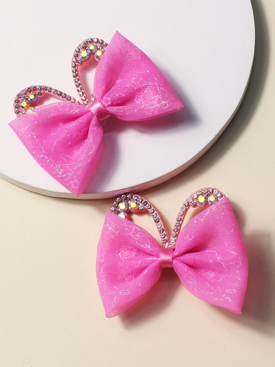 2pcs Toddler Girls Rhinestone & Bow Decor Hair Clip - Pink - View 1