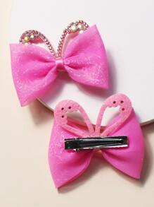 2pcs Toddler Girls Rhinestone & Bow Decor Hair Clip - Pink - View 2