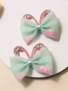 2pcs Toddler Girls Rhinestone & Bow Decor Hair Clip - Mint Green - View 1