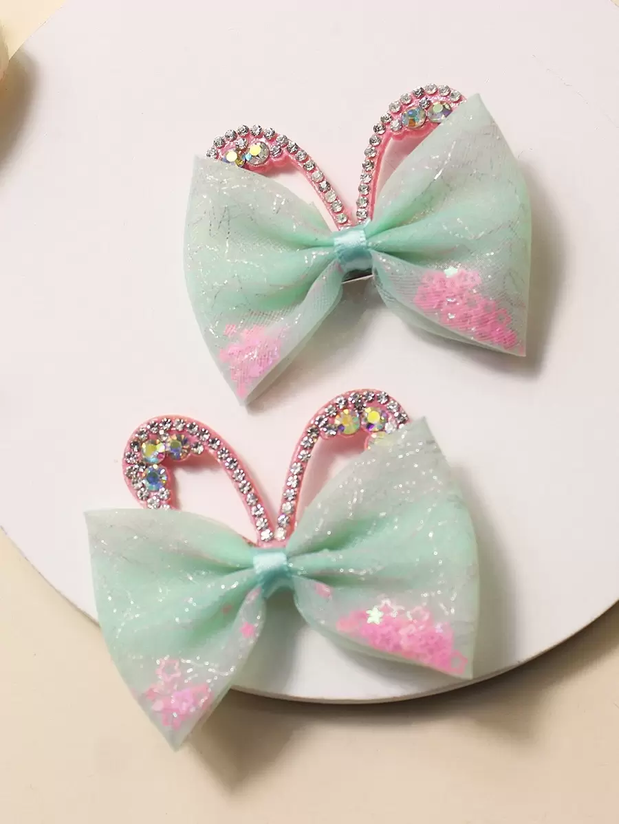2pcs Toddler Girls Rhinestone & Bow Decor Hair Clip - Mint Green - View 1