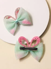 2pcs Toddler Girls Rhinestone & Bow Decor Hair Clip - Mint Green - View 2