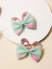 2pcs Toddler Girls Rhinestone & Bow Decor Hair Clip - Mint Green - View 3