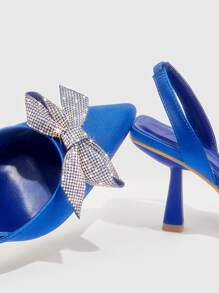 Satin Rhinestone & Bow Decor Point Toe Heeled Slingback Pumps - Blue - View 3