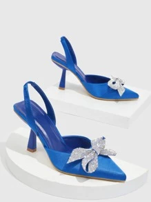 Satin Rhinestone & Bow Decor Point Toe Heeled Slingback Pumps - Blue - View 4