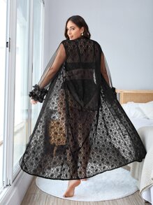 Plus Contrast Mesh Appliques Belted Lace Robe Without Liner - Black - View 2