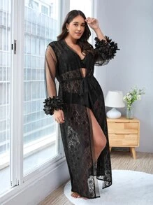 Plus Contrast Mesh Appliques Belted Lace Robe Without Liner - Black - View 3