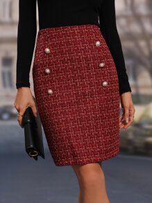 Chiquease High Waist Plaid Fake Button Tweed Skirt Burgundy Color Women Outfit - Burgundy - View 1