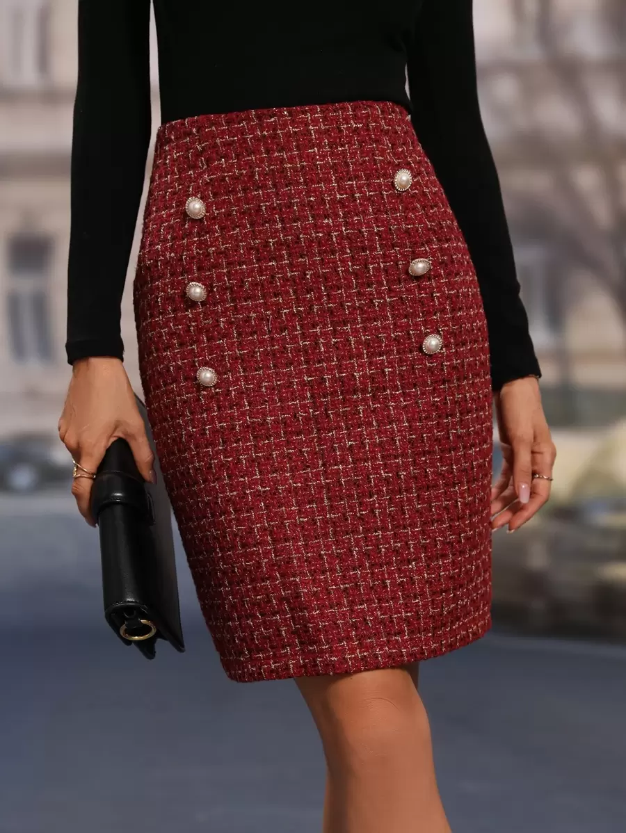 Chiquease High Waist Plaid Fake Button Tweed Skirt Burgundy Color Women Outfit - Burgundy - View 1