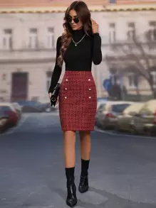 Chiquease High Waist Plaid Fake Button Tweed Skirt Burgundy Color Women Outfit - Burgundy - View 3