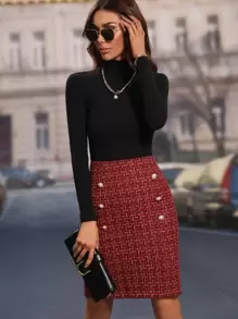 Chiquease High Waist Plaid Fake Button Tweed Skirt Burgundy Color Women Outfit - Burgundy - View 5