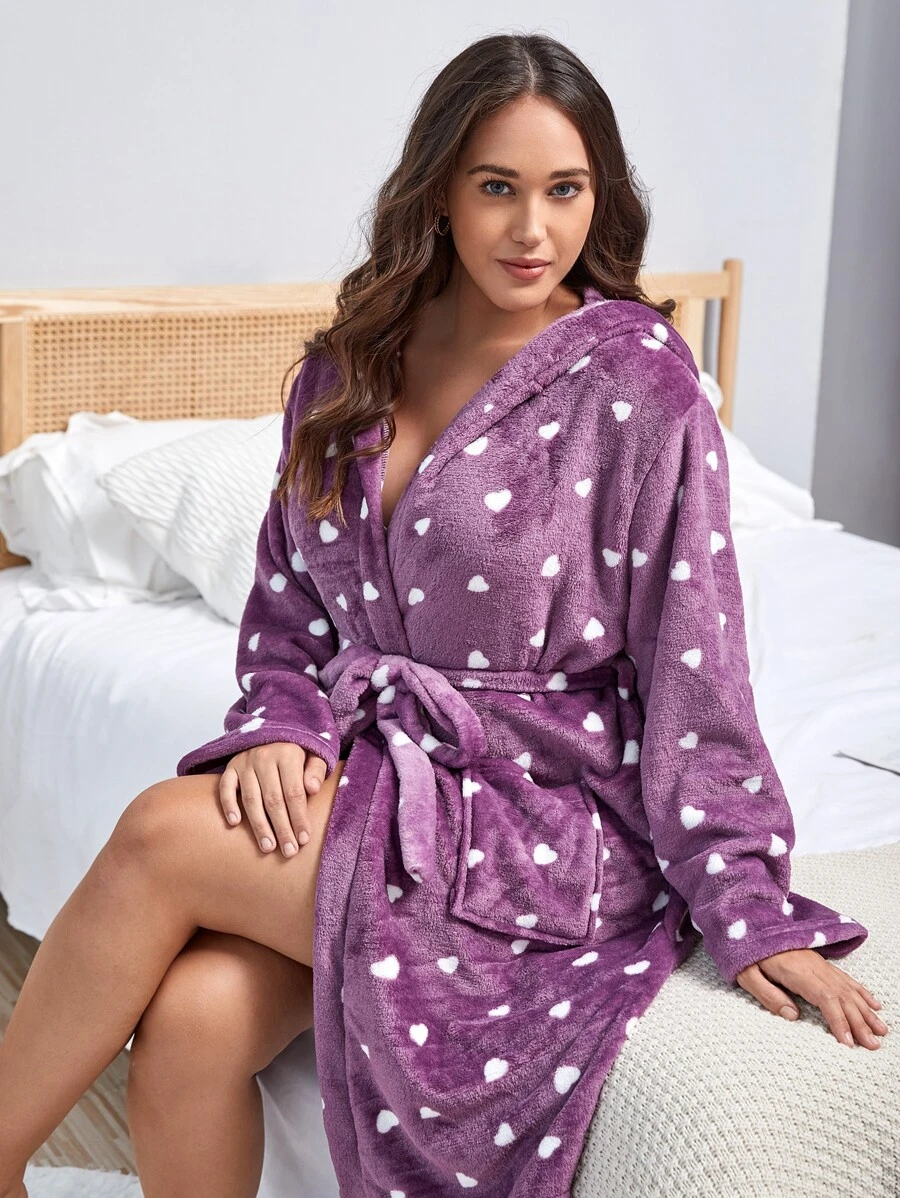 Plus Heart Pattern Hooded Belted Flannel Sleep Robe Without Lingerie Set - Purple - View 1