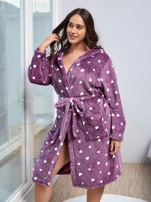 Plus Heart Pattern Hooded Belted Flannel Sleep Robe Without Lingerie Set - Purple - View 4
