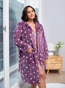Plus Heart Pattern Hooded Belted Flannel Sleep Robe Without Lingerie Set - Purple - View 5