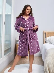 Plus Heart Pattern Hooded Belted Flannel Sleep Robe Without Lingerie Set - Purple - View 6