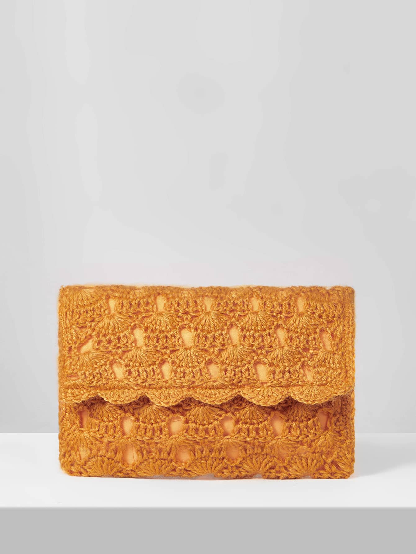 鏤空貝殼邊鉤針編織袋 - 橘色 - 查看 1