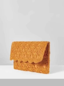 鏤空貝殼邊鉤針編織袋 - 橘色 - 查看 2