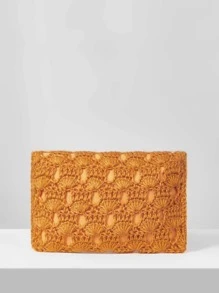 鏤空貝殼邊鉤針編織袋 - 橘色 - 查看 3