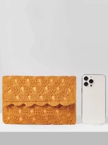 鏤空貝殼邊鉤針編織袋 - 橘色 - 查看 6