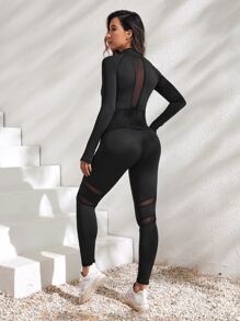 Yoga Basic Mesh Insert Top & Sports Set With Phone Pocket Fit Set - Black - View 2