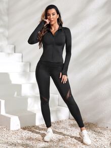 Yoga Basic Mesh Insert Top & Sports Set With Phone Pocket Fit Set - Black - View 4