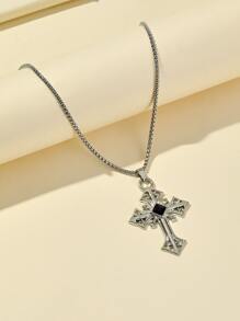 時尚流行男士十字吊飾項鍊不銹鋼珠寶禮物和時尚外觀 - 復古銀色 - 查看 1