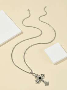 時尚流行男士十字吊飾項鍊不銹鋼珠寶禮物和時尚外觀 - 復古銀色 - 查看 2