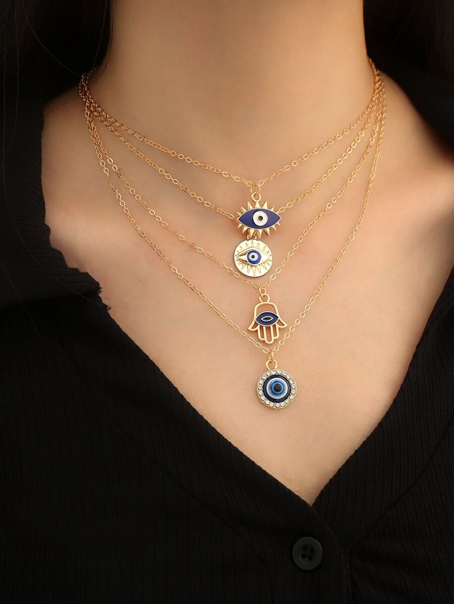 4入組簡約風格邪惡之眼吊墜項鍊適合女士 - 彩色 - 查看 1