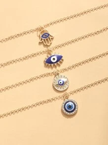 4入組簡約風格邪惡之眼吊墜項鍊適合女士 - 彩色 - 查看 4