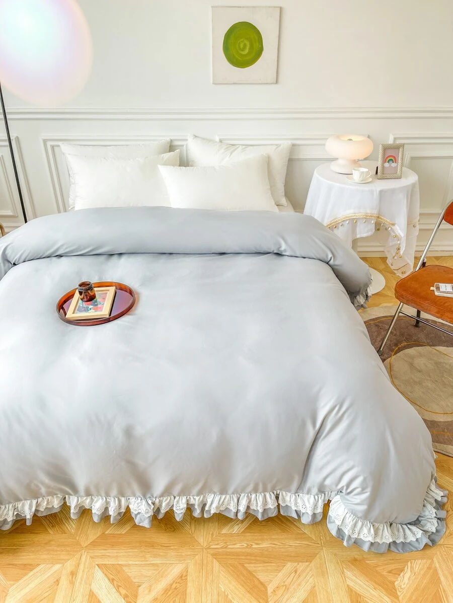 Funda de edredón sin relleno liso con diseño de fruncido - Gris - Ver 1