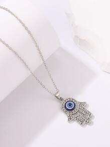 Evil Eye Pattern Rhinestone Hand Charm Necklace - Silver - View 1