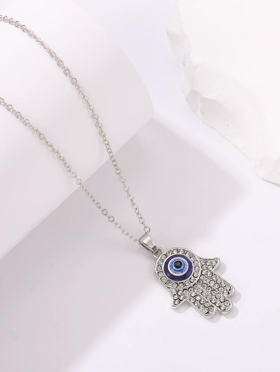 Evil Eye Pattern Rhinestone Hand Charm Necklace - Silver - View 1