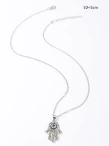 Evil Eye Pattern Rhinestone Hand Charm Necklace - Silver - View 3