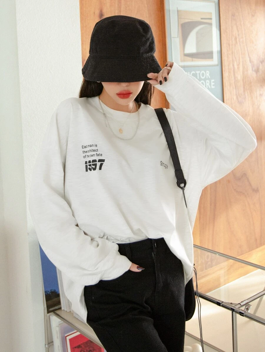 DAZY 標語圖案落肩T恤 - 白色 - 查看 1