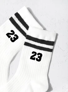 兒童條紋圖案和數字圖案中筒襪 - 黑與白 - 查看 2