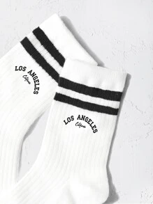 Toddler Kids Striped & Letter Graphic Crew Socks - Black and White - View 3