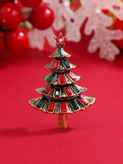 1pc Christmas Geometric Rhinestone Christmas Tree Brooch, Suitable For Women To Wear On Holidays