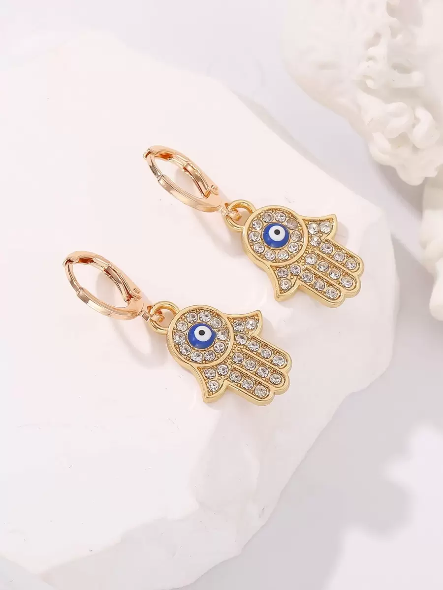 Evil Eye Decor Rhinestone Hamsa Hand Drop Earrings - Yellow Gold - View 1